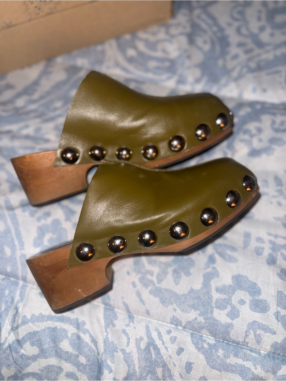 Free People Olive Green Studded Leather Clogs